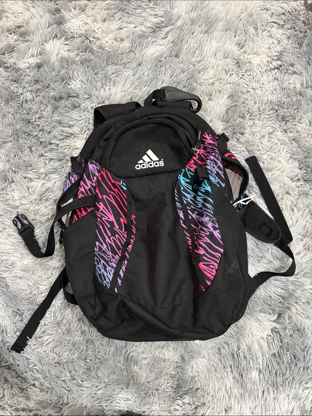 adidas Black Backpack with Pink, Purple & Blue Script Accents